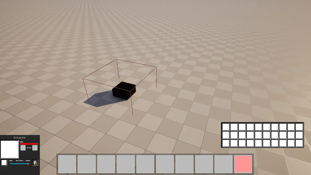 Factory — in-engine build mode: placement grid ghost and a placeholder extractor on the prototype greybox