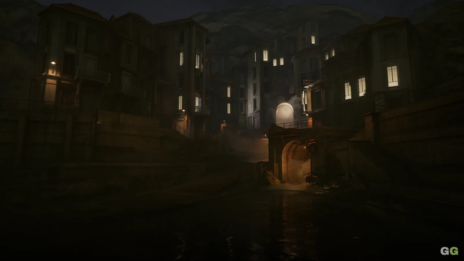 Lighting study — night canal and harbor gate, real-time lighting in Unreal Engine