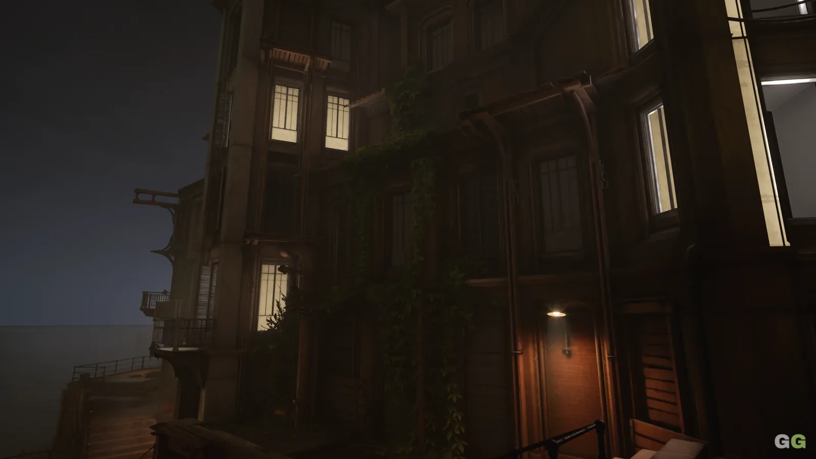 Ivy-covered seaside facade in Unreal Engine