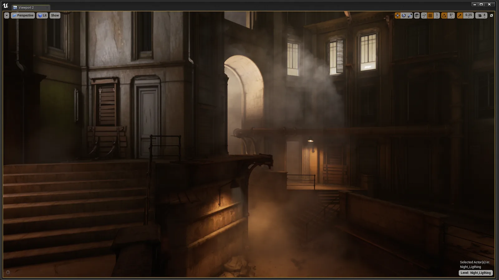 Volumetric mist in a courtyard lit through an archway