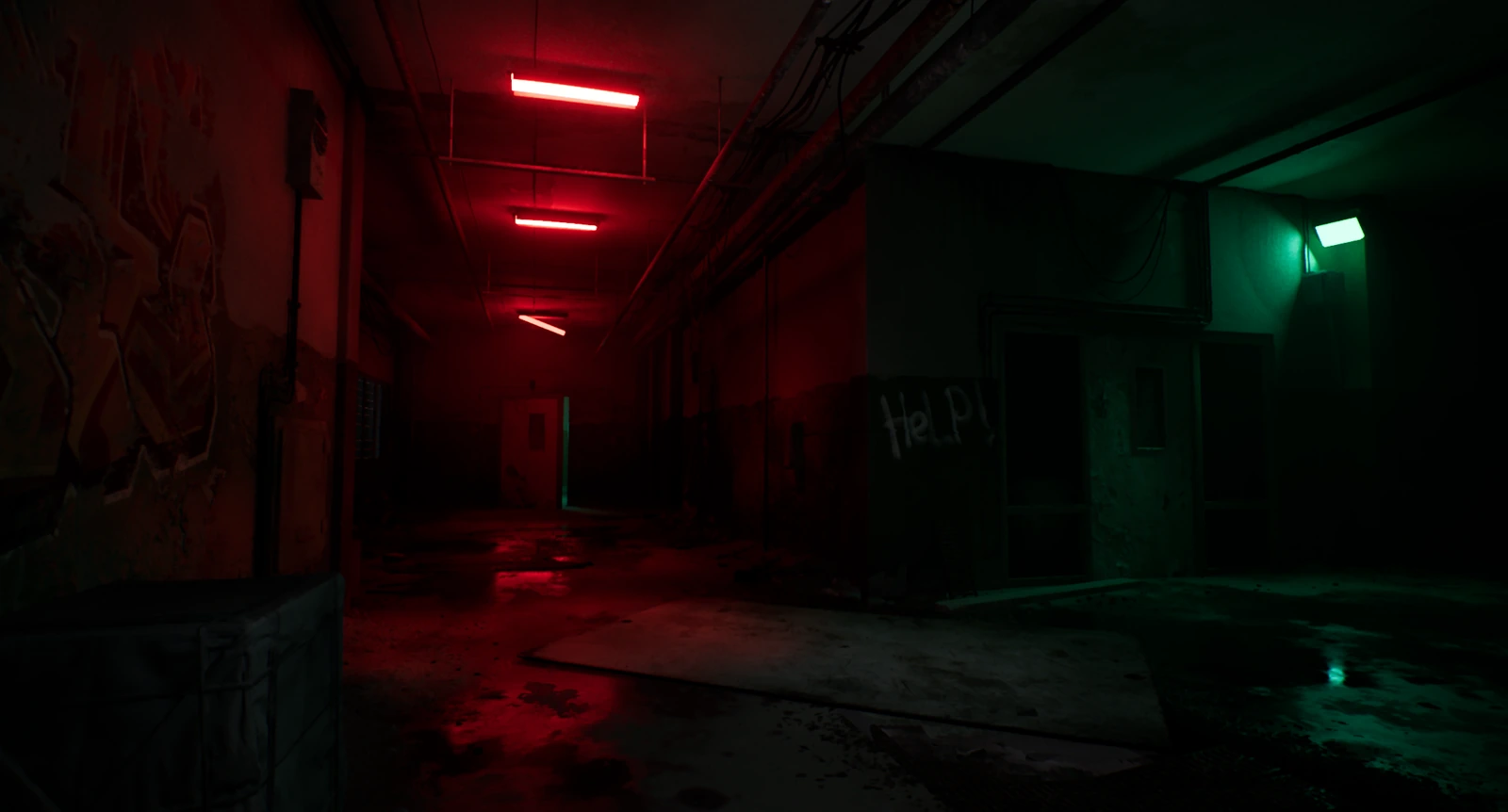 Lighting study — horror corridor with red threat tubes and green exit light in Unreal Engine