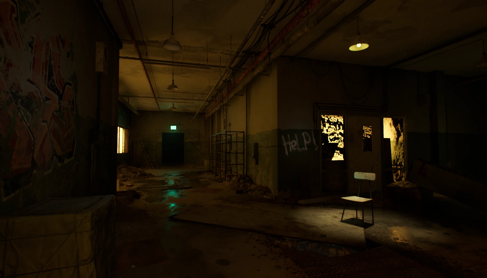 Lighting study — the same horror corridor relit in warm amber, green exit at the far end
