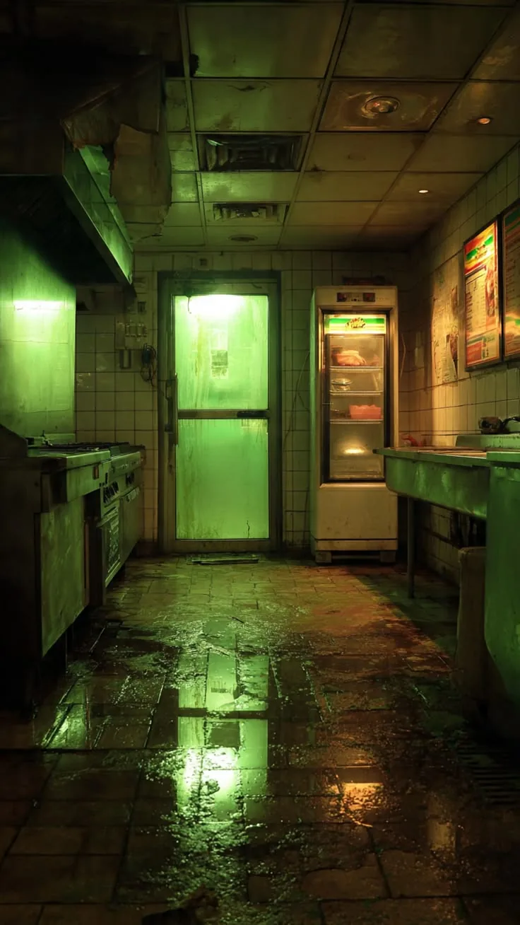 Reference photo — abandoned kitchen in green light with a warm practical source